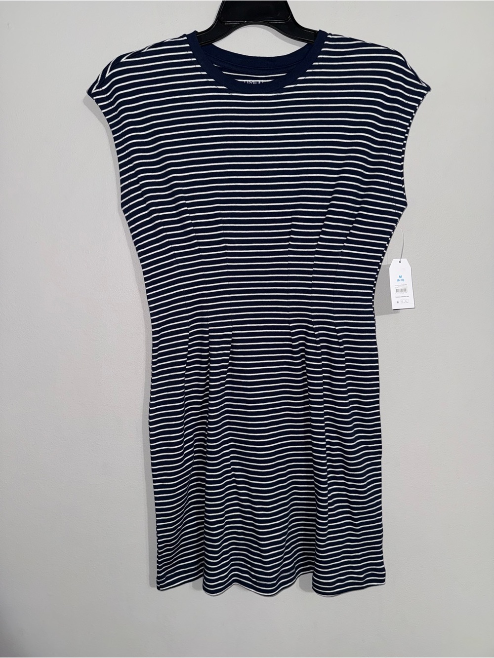 Time and Tru Navy & White Striped Pleated Waist Mini Dress Medium